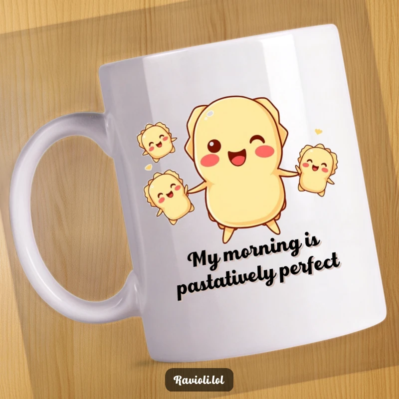 Funny ravioli juggling mug featuring a happy ravioli character tossing smaller raviolis in the air with joy.