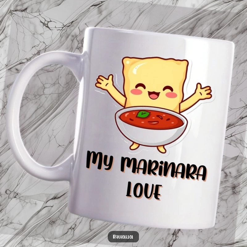 Funny mug showing a ravioli character with open arms joyfully embracing a rich bowl of marinara sauce, expressing pure love for pasta.