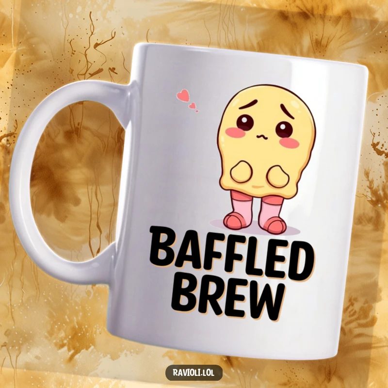 Funny ravioli character looking confused and bewildered while wearing two different, mismatched socks on a coffee mug.