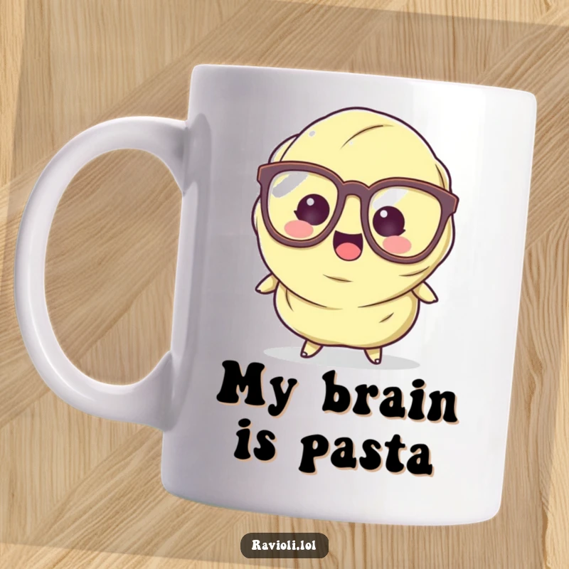 Funny Ravioli Mug featuring a cartoon pasta character with huge glasses, stumbling adorably with a look of surprise.