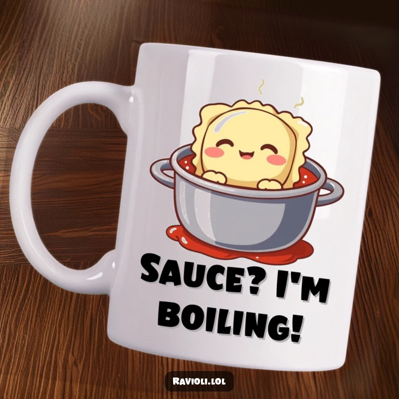 Funny ravioli character with a silly face peeking out of a steaming pot of sauce, a hilarious and unique mug design.