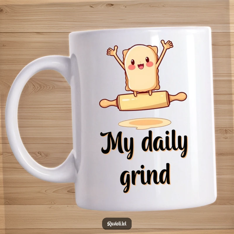 Funny ravioli character flailing arms while balancing on a rolling pin, pasta acrobatics, perfect funny gift mug.