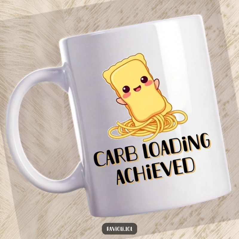 Funny ravioli character sliding down a spaghetti strand on a mug, embodying playful pasta-themed humor.