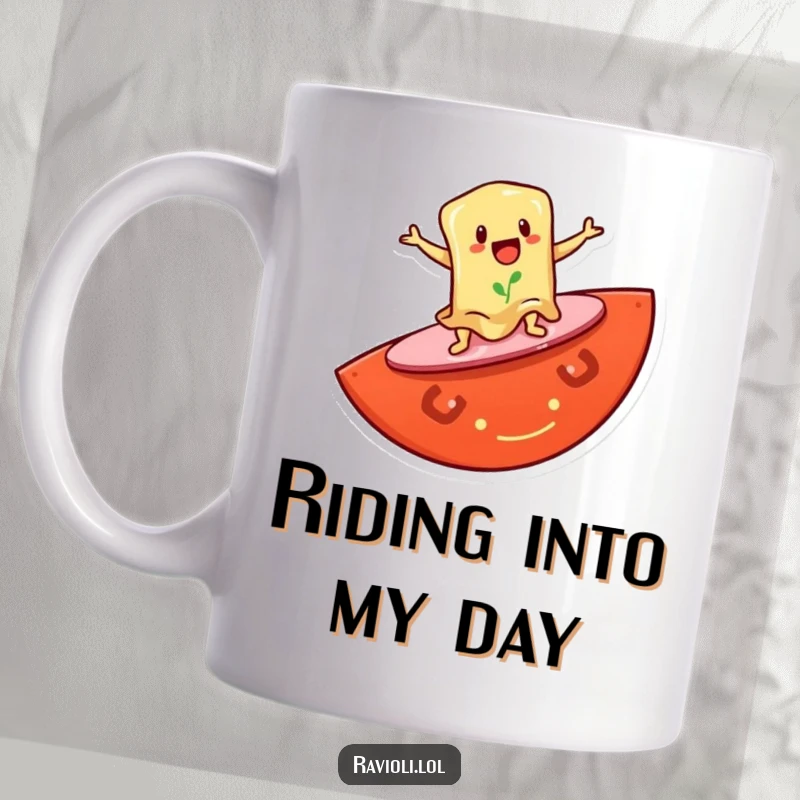 Funny mug showing a ravioli character surfing on a giant tomato slice, symbolizing fun, flavor, and a love for the ocean.