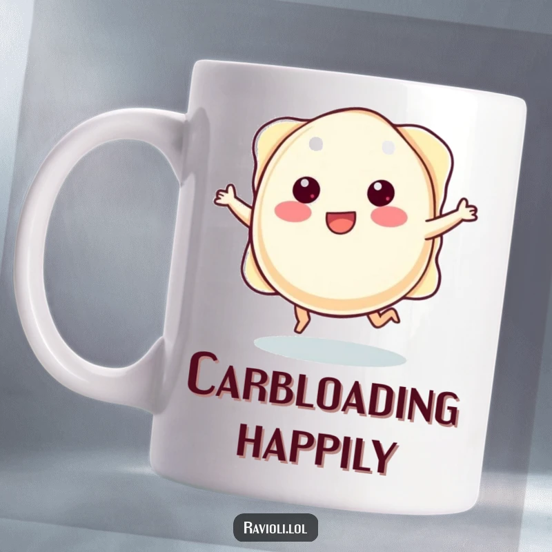 Funny plump ravioli character with tiny legs joyfully skipping across a coffee mug.