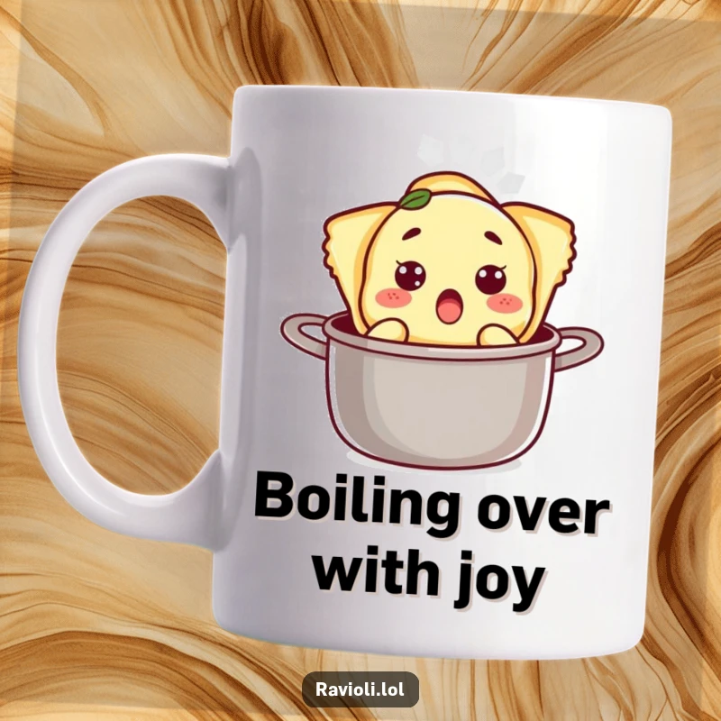 Funny ravioli character with a surprised expression popping out of a pot on a mug, embodying culinary chaos humor.