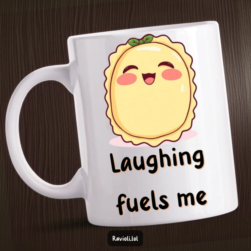 Funny ravioli with rosy cheeks giggling uncontrollably, illustrating pure joy and humor, perfect funny mug.