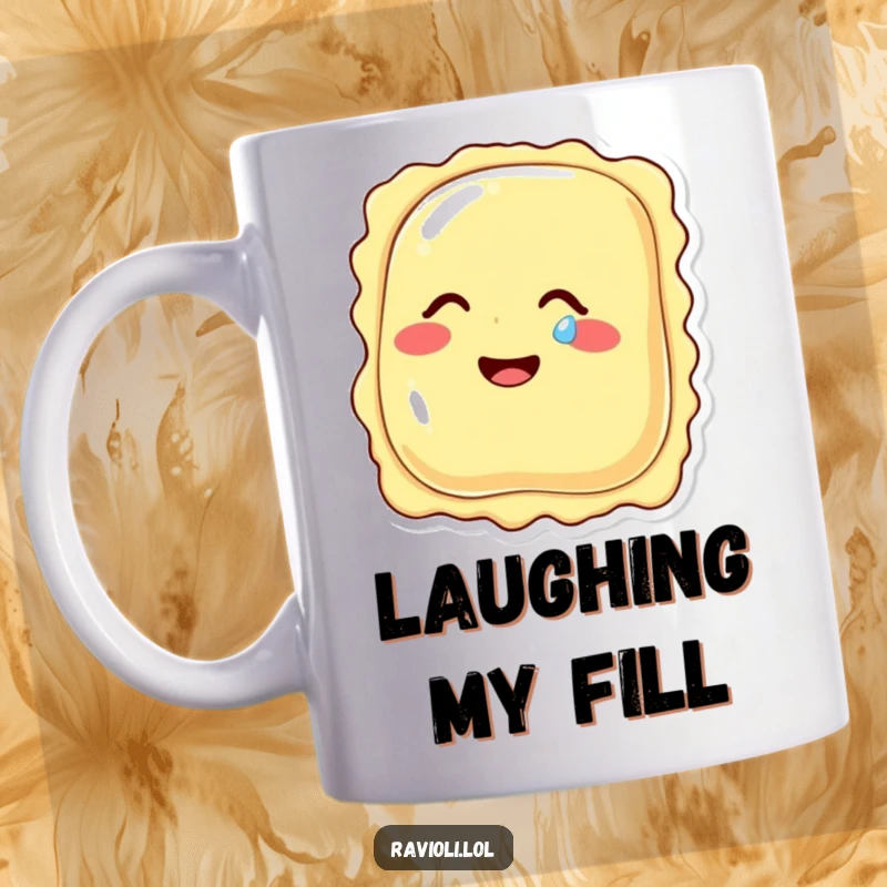 Funny ravioli character giggling uncontrollably, with a single tear of mirth on its cheek, depicted on a coffee mug.