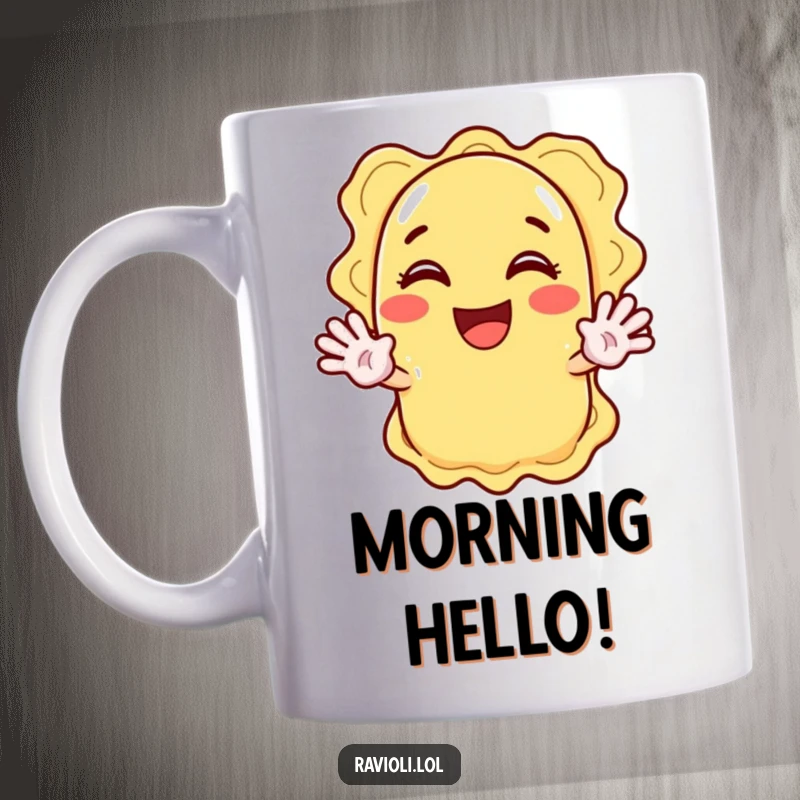 Funny ravioli character excitedly waving hello with both hands, a happy and welcoming mug.