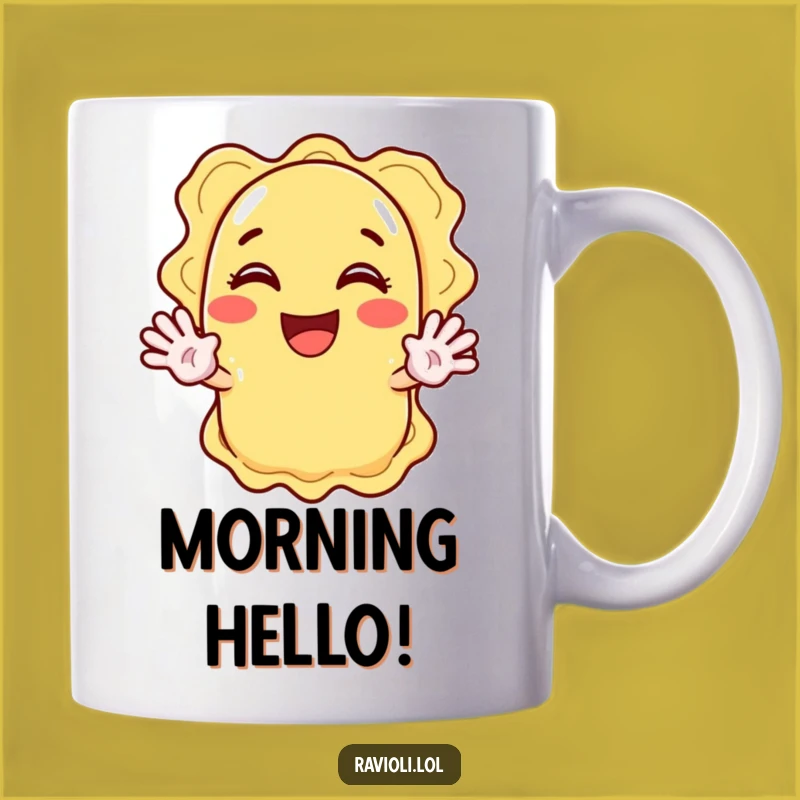 Funny Ravioli Waving Hand Mug: Enthusiastic Cartoon Character Greeting Gift