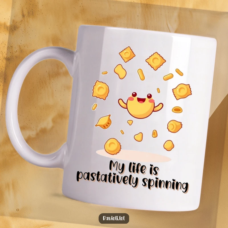 Funny ravioli character juggling miniature spinning pasta shapes, showcasing a whimsical and comical culinary talent on a mug.