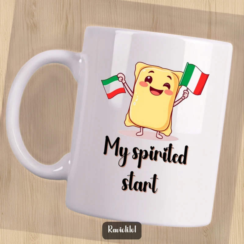 Funny jubilant ravioli character waving a miniature Italian flag with enthusiasm, a hilarious mug for Italy lovers, perfect gift.
