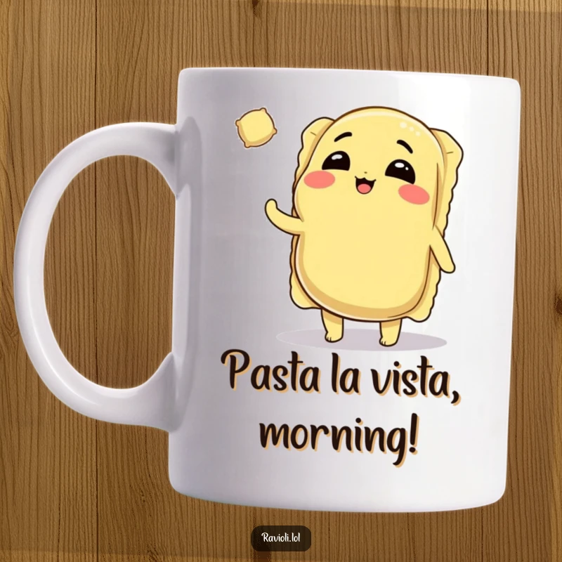Funny Ravioli Mug: A plump, smiling ravioli character winks while tossing a tiny ravioli, celebrating pasta lovers.