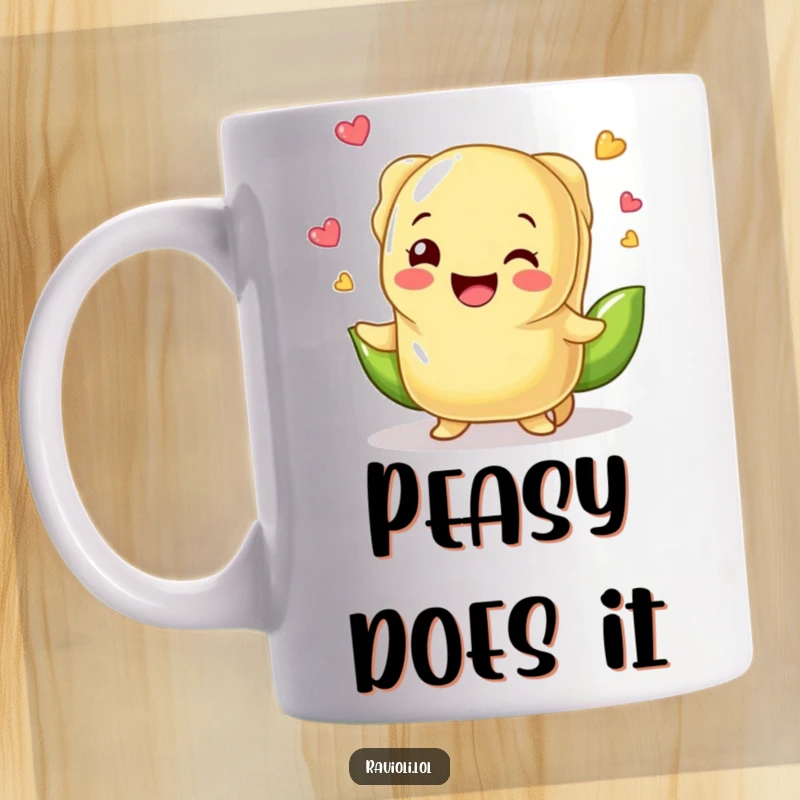 Funny ravioli character juggling small, cheerful peas with a smile on a white mug, symbolizing joyful kitchen moments.