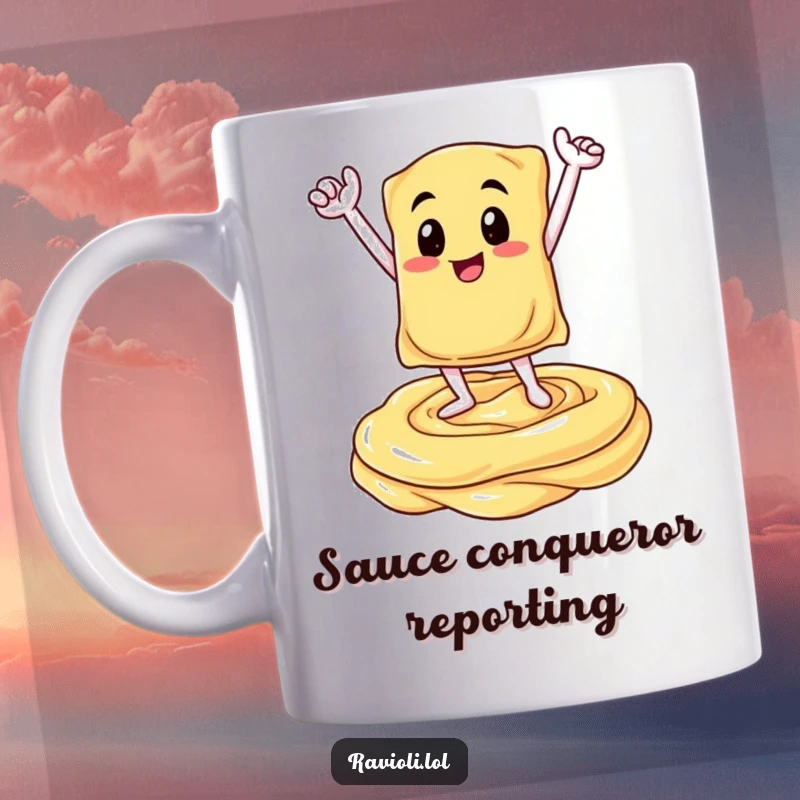 Funny mug depicting a ravioli character triumphantly posing atop a luscious swirl of creamy sauce, celebrating culinary victory with pasta joy.