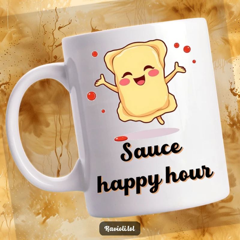 Funny mug showing a joyful ravioli character doing a happy dance, surrounded by playful sauce splatters, radiating pure pasta happiness.