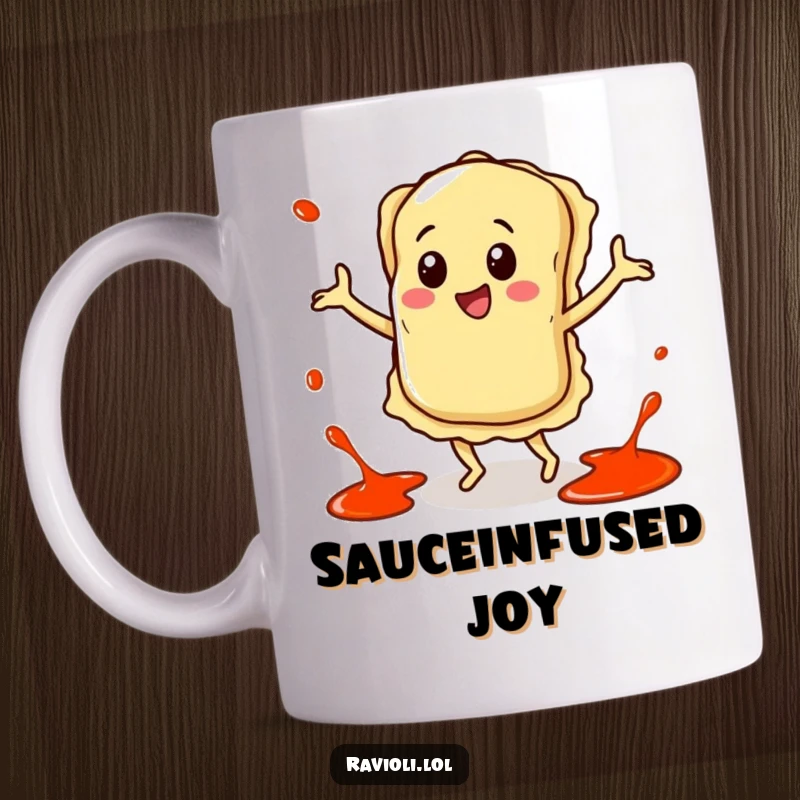 Funny mug featuring a joyful ravioli character doing a happy dance with energetic sauce splatters surrounding it, radiating pure delight.