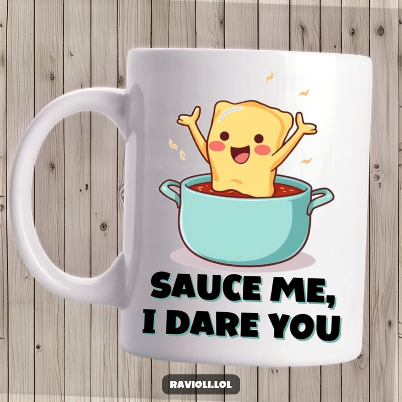 Funny mug featuring a happy ravioli character joyfully leaping into a steaming pot of marinara sauce, bursting with flavor.