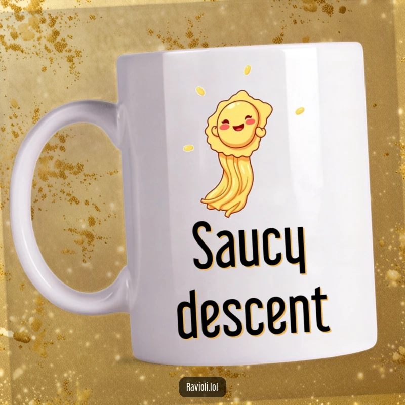 Funny giggling ravioli character slides down a spaghetti strand like a playground slide on this mug, a joyful and humorous gift.
