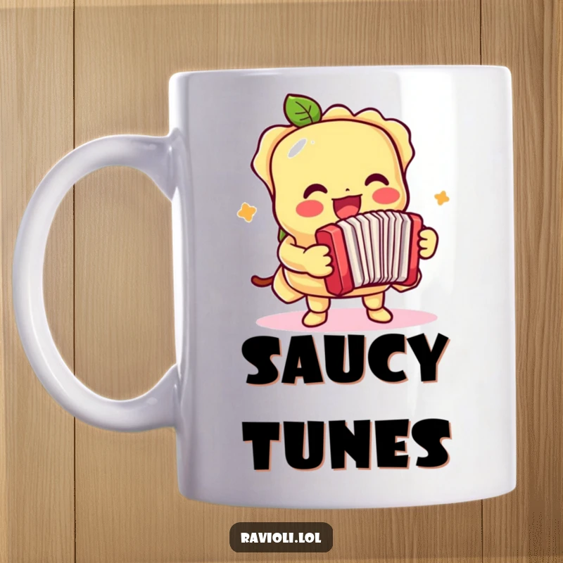 Funny mug showing a ravioli character enthusiastically playing a small accordion, a scene of musical cheer.
