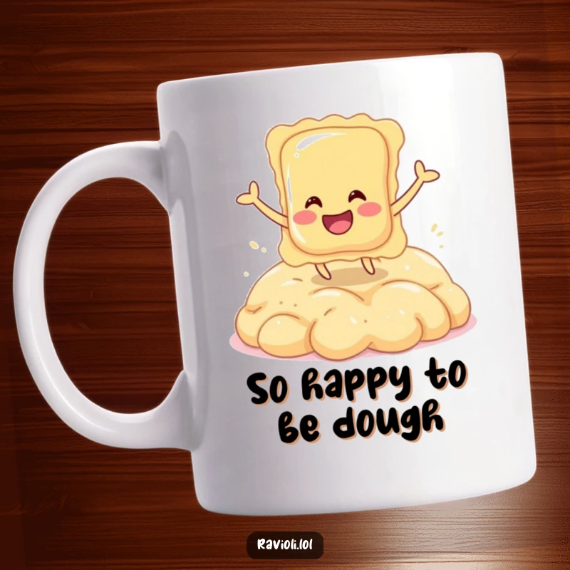 Funny mug showing a smiling ravioli character gleefully bouncing high on a soft mound of dough.