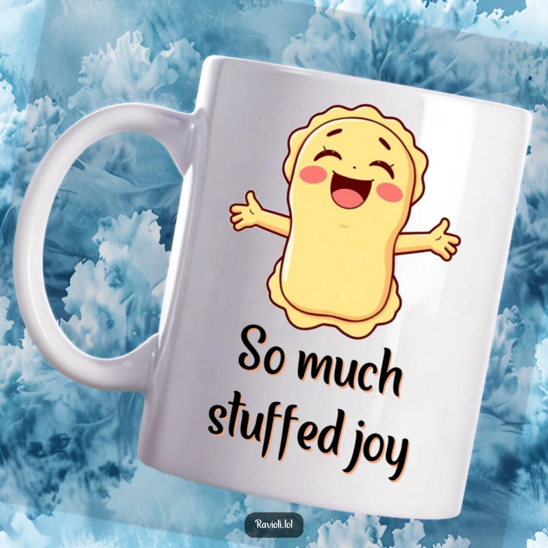 Funny ravioli character with arms wide open, laughing heartily, depicted on a mug, embodying pure, infectious joy and humor.
