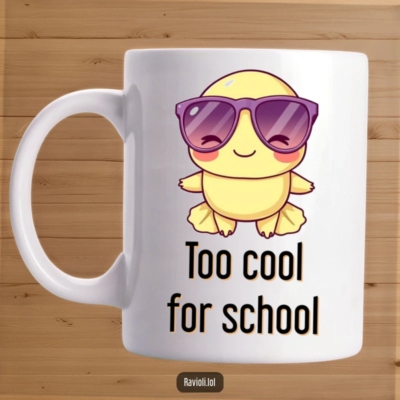 Funny ravioli character wearing oversized sunglasses and winking on a mug, exuding effortless cool and charm.