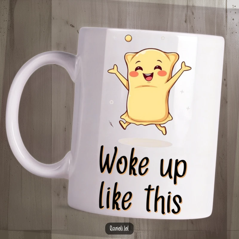 Funny happy ravioli doing cartwheels with dough flying, showcasing energetic Italian food fun, perfect funny mug.