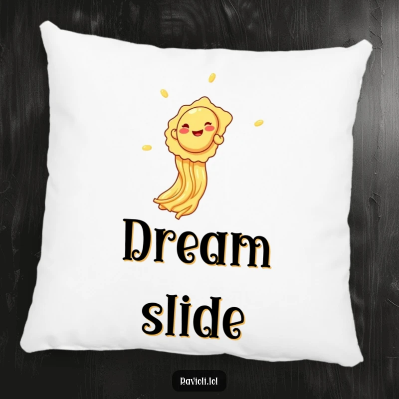 A giggling ravioli sliding down a spaghetti strand on a plush pillow, a humorous and cuddly item.