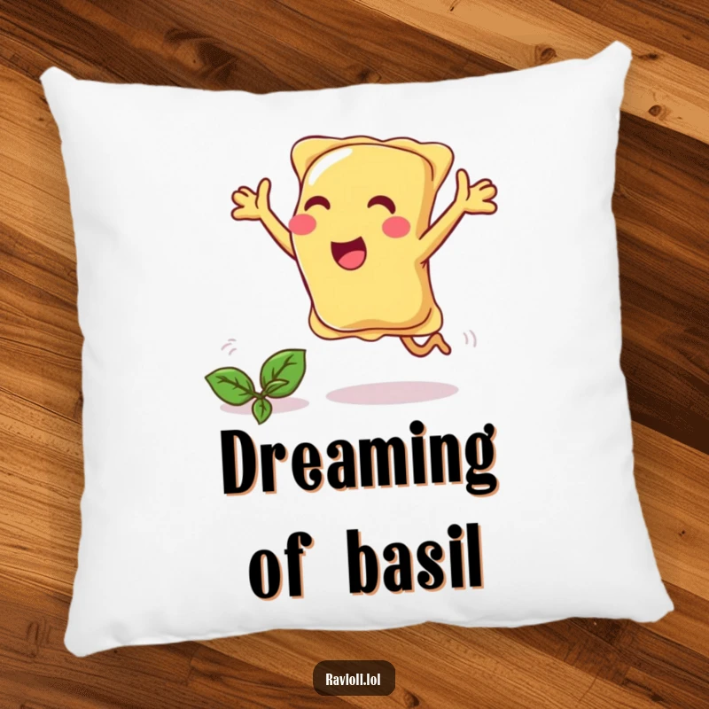 Funny ravioli joyfully chases a basil leaf with open arms, decorative pillow.