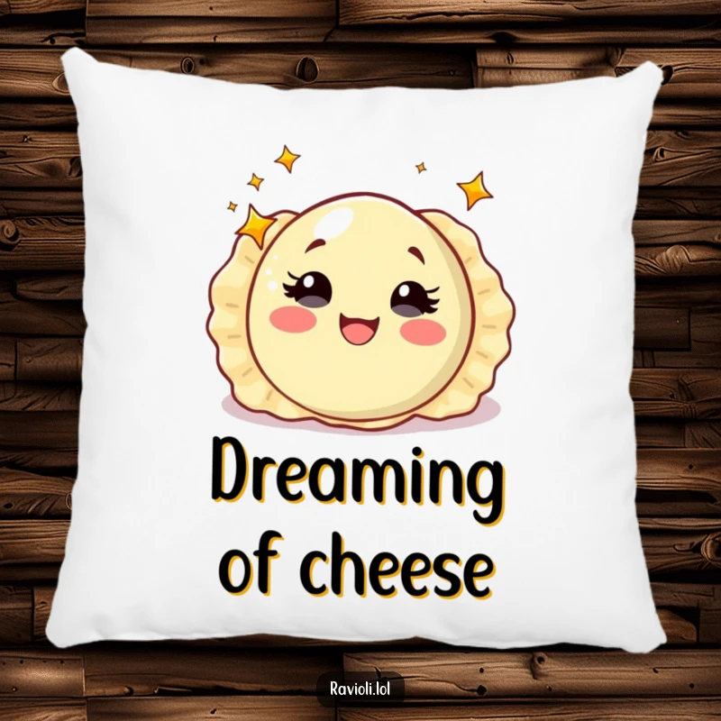 Funny ravioli with starry eyes spinning with delight, soft pillow with a magical Italian pasta character, ideal funny home decor.