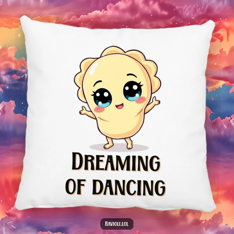 Funny ravioli character with wide eyes doing a silly dance, making a soft and humorous pillow.