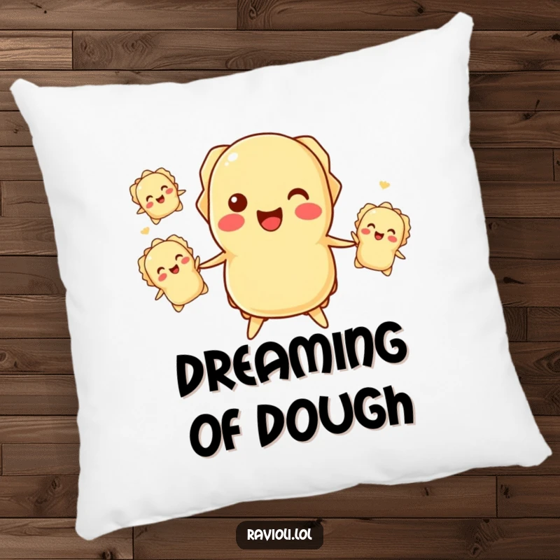 Funny ravioli juggling pillow featuring a smiling ravioli character balancing smaller ravioli, ideal for adding comfort and humor.