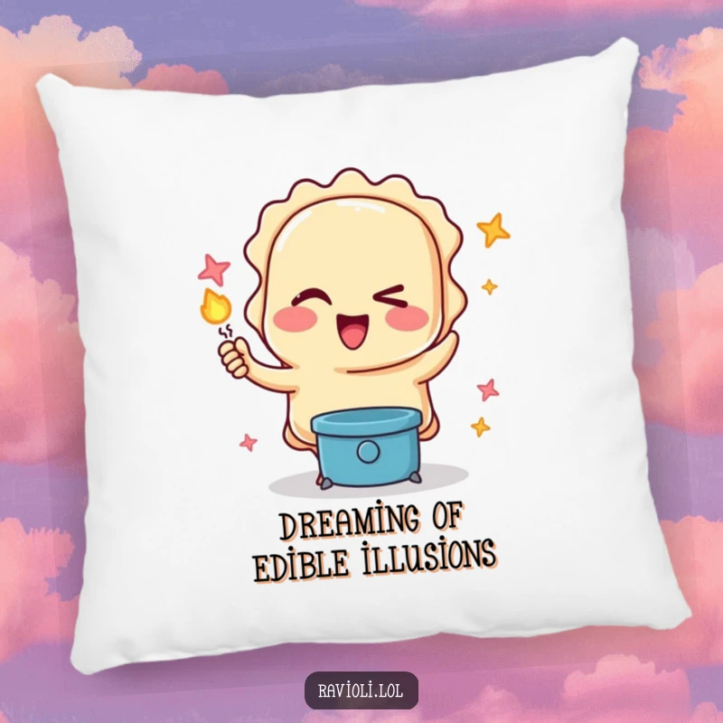 Funny pillow with a winking ravioli character performing a magic trick, offering comfort and a humorous accent for home decor.