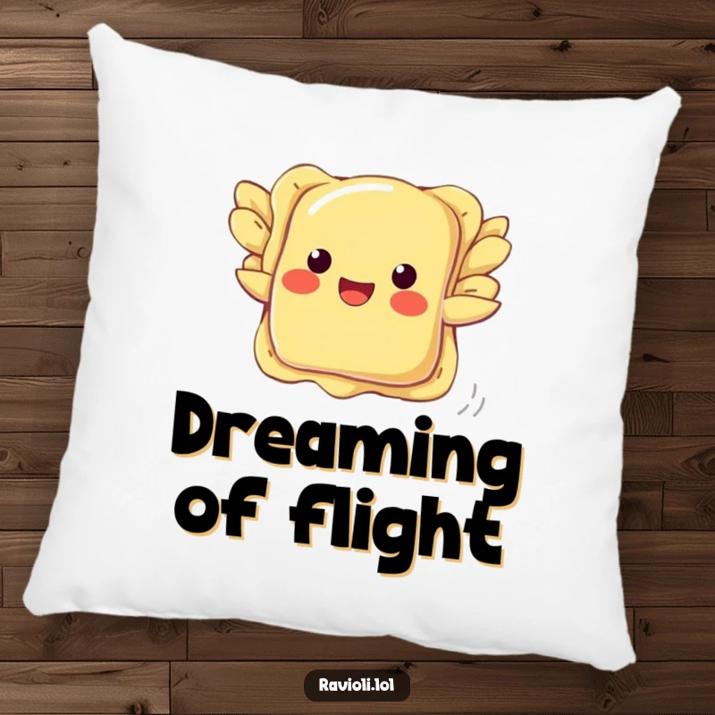 Funny ravioli pillow with a pasta character flapping small wings, attempting to fly, offering comfort and humor.