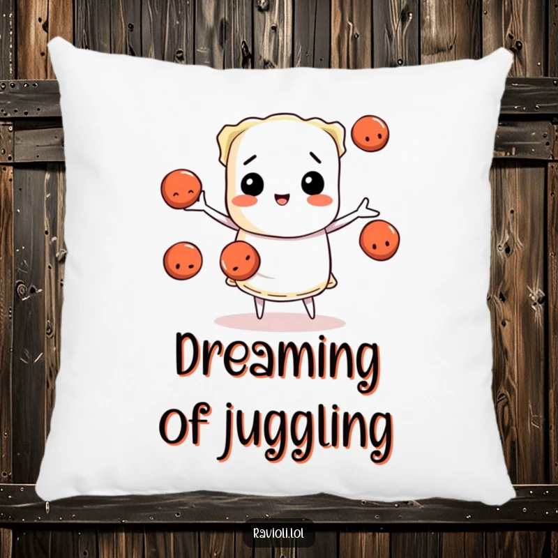 Funny ravioli character juggling meatballs, a soft pillow showcasing pasta chef humor, perfect funny gift.