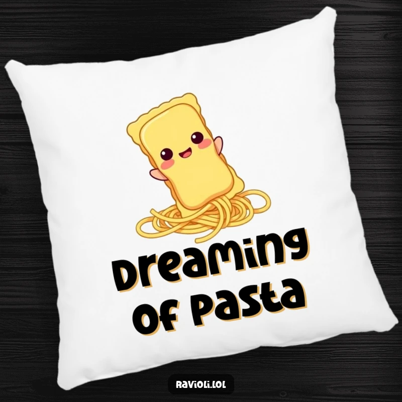 Funny ravioli character sliding down a spaghetti strand on a decorative pillow, bringing pasta-themed humor to relaxation.