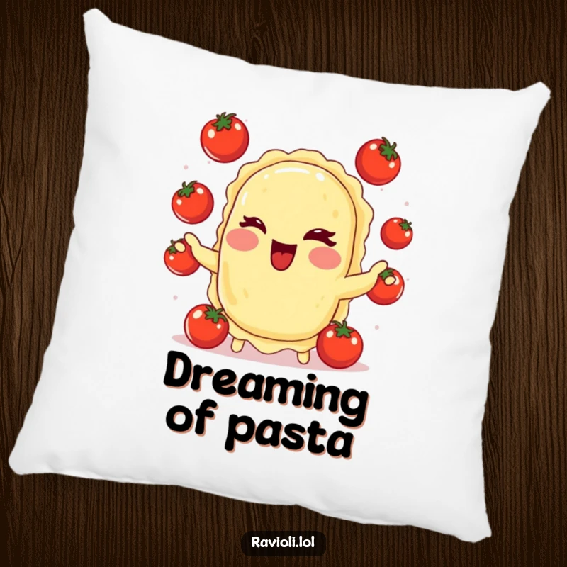 Soft, comfortable pillow with a funny ravioli character winking and juggling tomatoes, perfect for adding humor to sofas and beds.