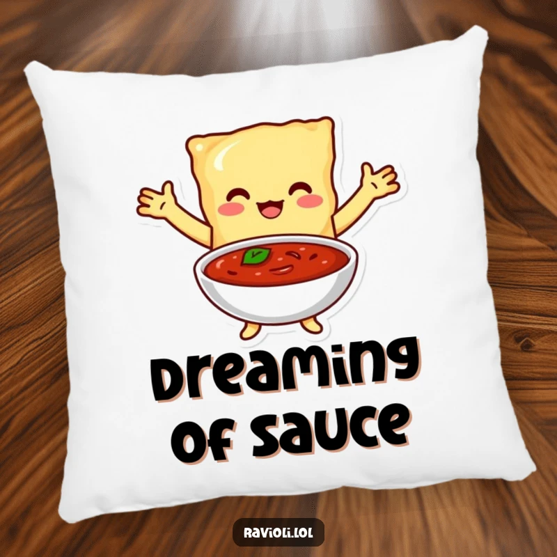 Funny pillow with a ravioli character embracing a bowl of marinara sauce, offering comfort and a touch of Italian charm.