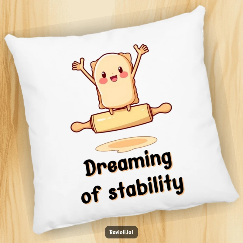 Funny ravioli character flailing arms on a rolling pin, a soft pillow with pasta humor, perfect funny gift.