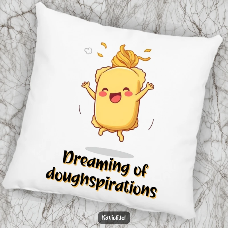 Funny cartwheeling ravioli pillow featuring a ravioli character performing a cartwheel with pasta steam, ideal for comfort.