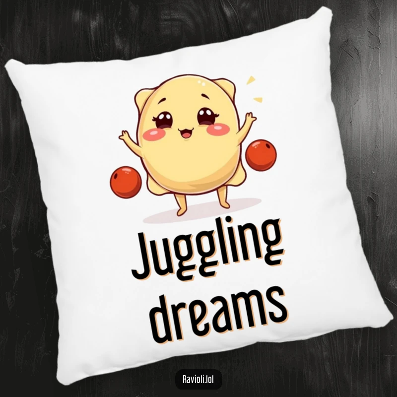A plump, winking ravioli juggling tiny meatballs featured on a comfy pillow, adding a touch of culinary humor to any room.