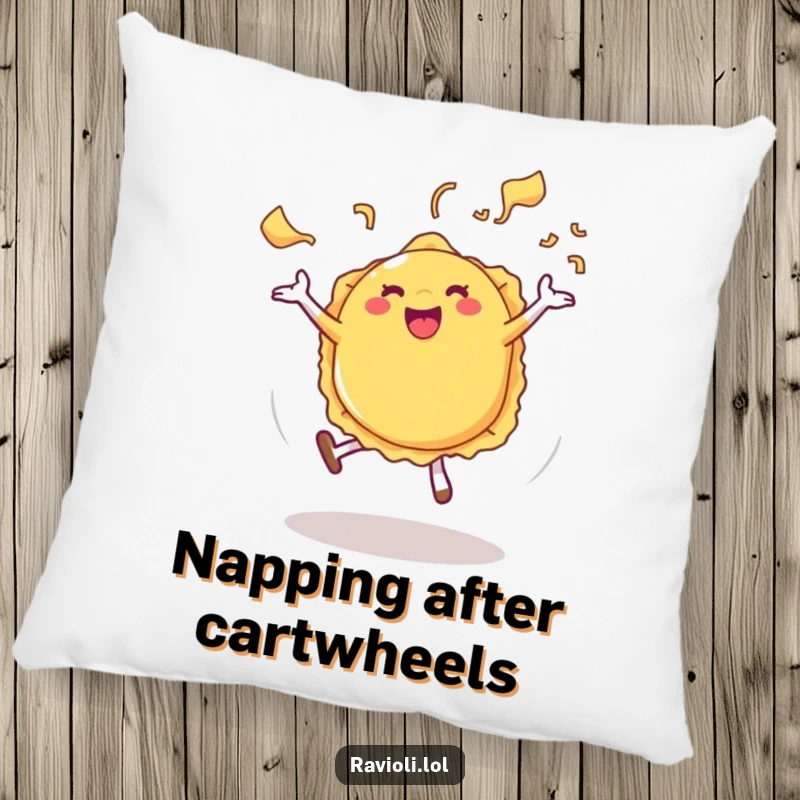 Funny Ravioli Pillow featuring a ravioli character mid-cartwheel with energetic pasta steam, a soft and humorous decor piece.