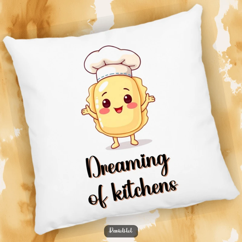 A soft, decorative pillow featuring a funny ravioli character in a chef hat, proudly presenting itself, ideal for adding comfort and humor.
