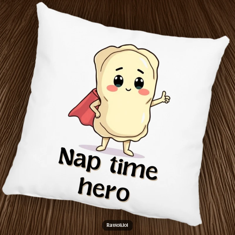 Funny ravioli character in a dramatic pose with a tiny cape, depicted on a soft pillow for comfort and Italian humor.