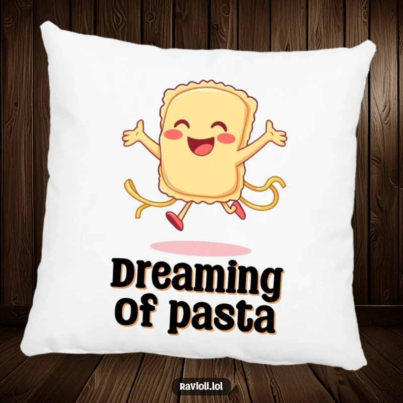 Funny smiling ravioli character mid-jump with pasta trailing, on a soft and humorous pillow, a delightful gift.