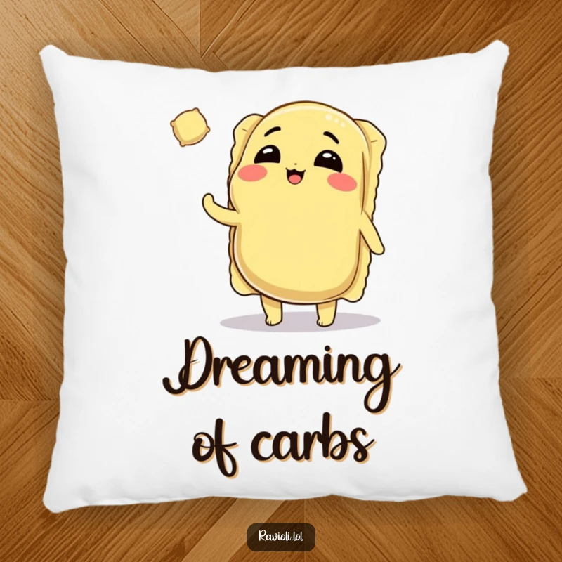 Funny Ravioli Pillow: Winking ravioli character tossing a tiny ravioli, offering comfort and pasta-themed charm.