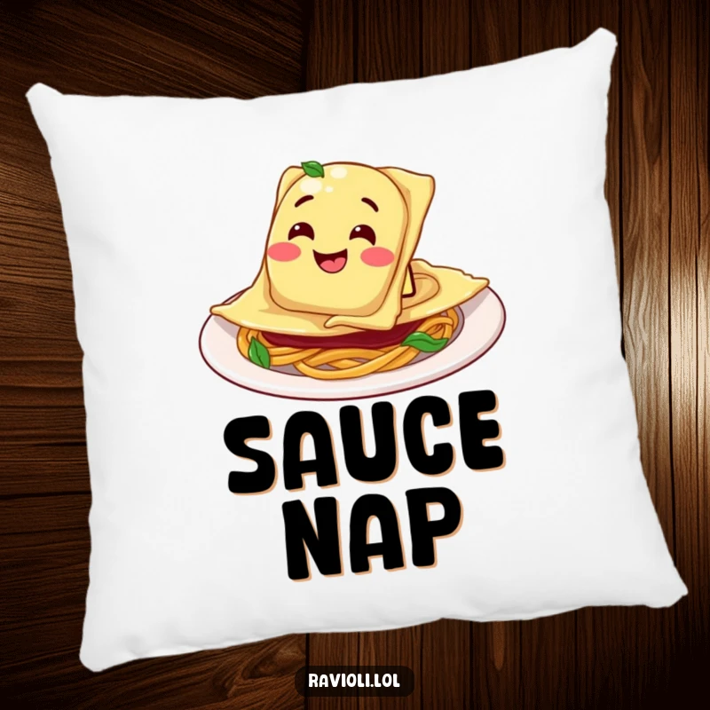 Funny Ravioli Plate Pillow: Ravioli character sliding into a plate with a goofy grin, offering comfort and pasta-themed charm.