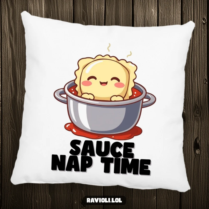 Funny ravioli character peeking from a steaming pot of sauce with a silly face, a humorous and soft pillow.