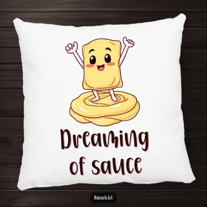 Funny pillow featuring a ravioli character striking a triumphant pose on a creamy sauce swirl, bringing Italian culinary celebration and comfort to any space.